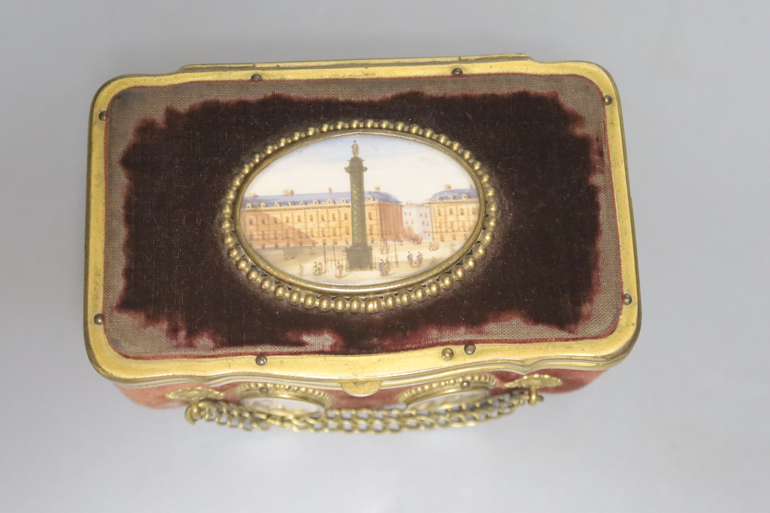 A 19th century French miniature velvet and gilt metal Palais Royale sewing casket, length 11.5cm